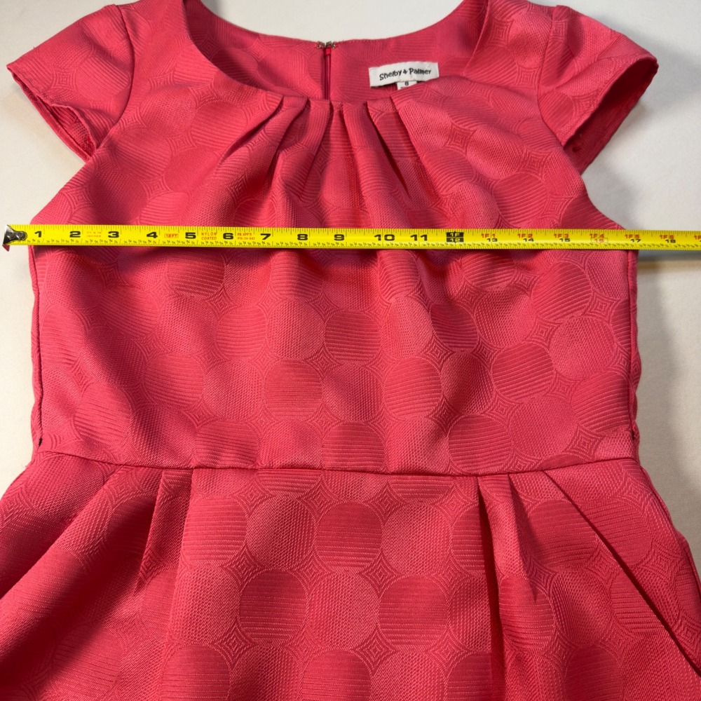 Shelby & Palmer Coral Pink Jacquard Sheath Dress Cap Sleeve Pleated Neck Size 8 - Picture 8 of 10